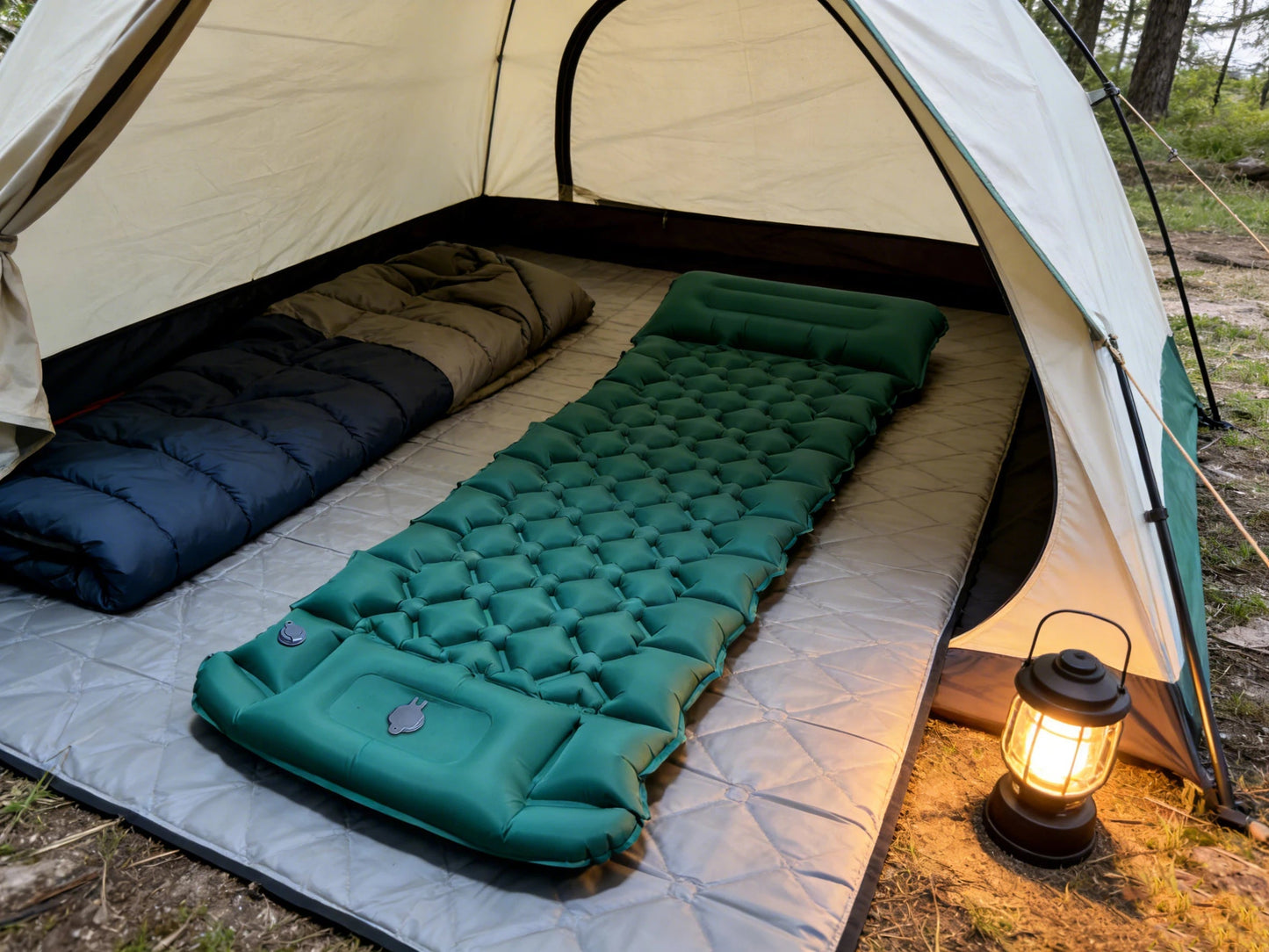 Inflatable Sleeping Pad Integrated Pillow & Foot Pump