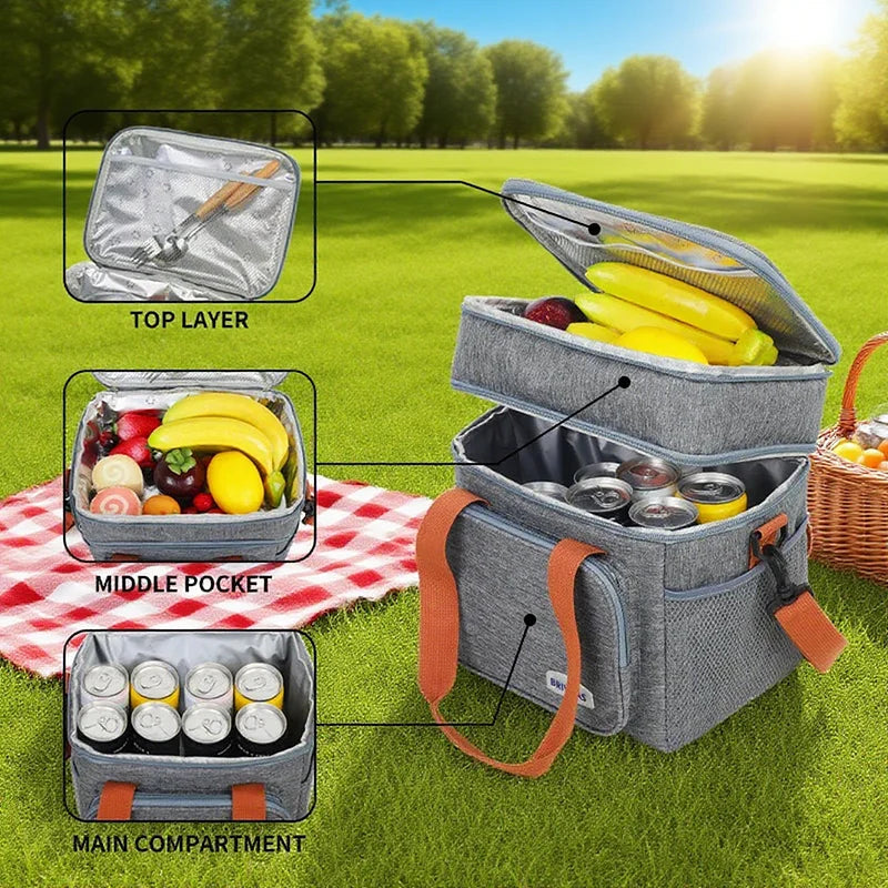 Insulated Cooler Bag Double Compartment Adjustable Shoulder Strap & Handle