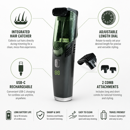 Integrated Hair-Catcher & USB-C Rechargeable Beard Trimmer