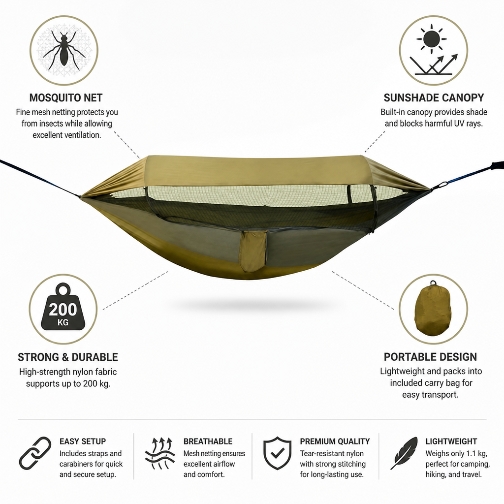 Integrated Mosquito Net and Sunshade Camping Hammock (260 × 140 cm)