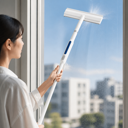 Integrated Spray Head & Double Blade Telescopic Window Squeegee (With Microfiber Cloths)