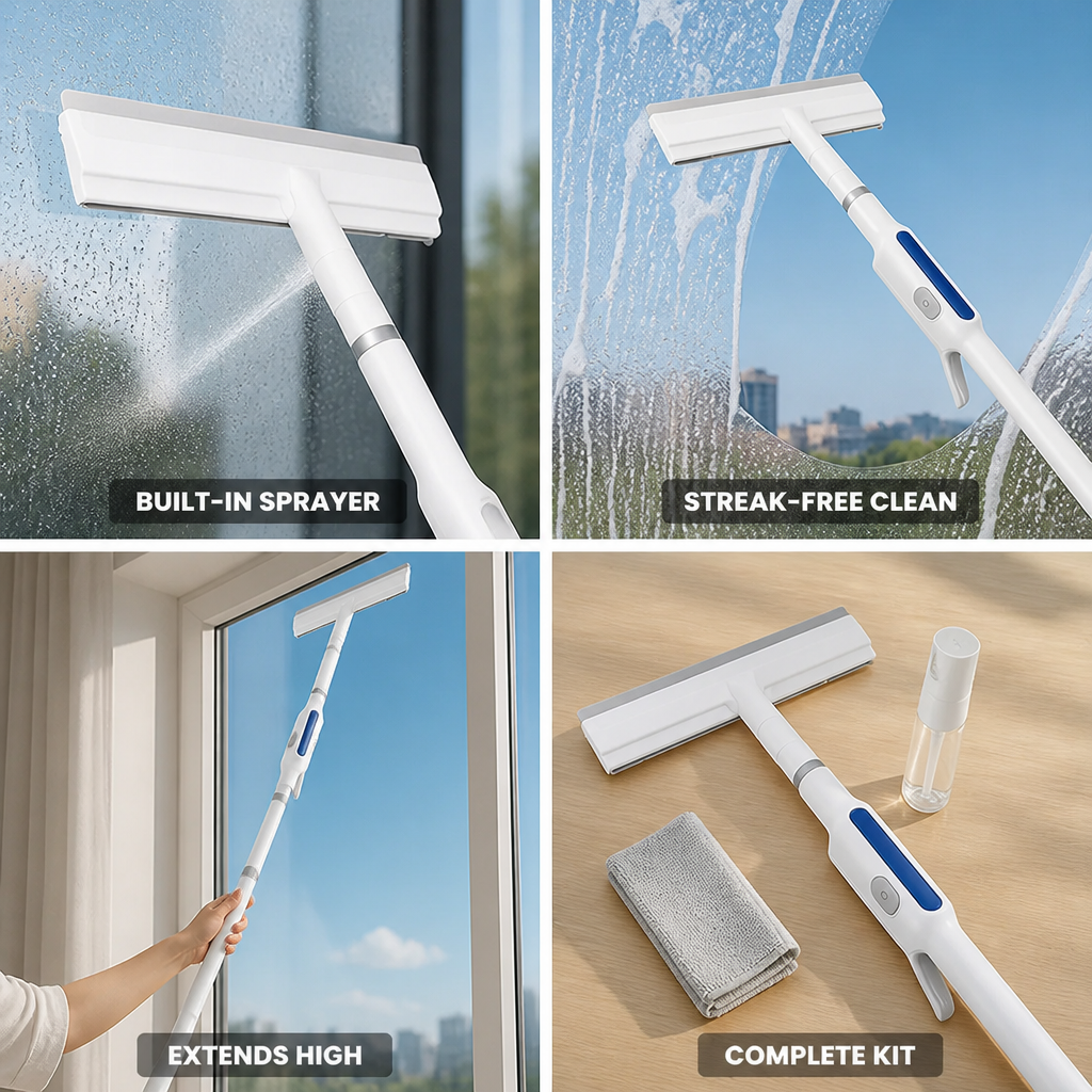 Integrated Spray Head & Double Blade Telescopic Window Squeegee (With Microfiber Cloths)