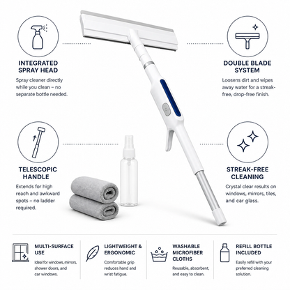 Integrated Spray Head & Double Blade Telescopic Window Squeegee (With Microfiber Cloths)