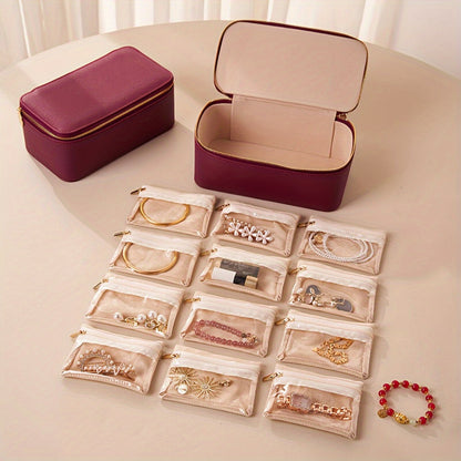 Jewelry Travel Case Faux Leather 12 Windowed Velvet Pouches