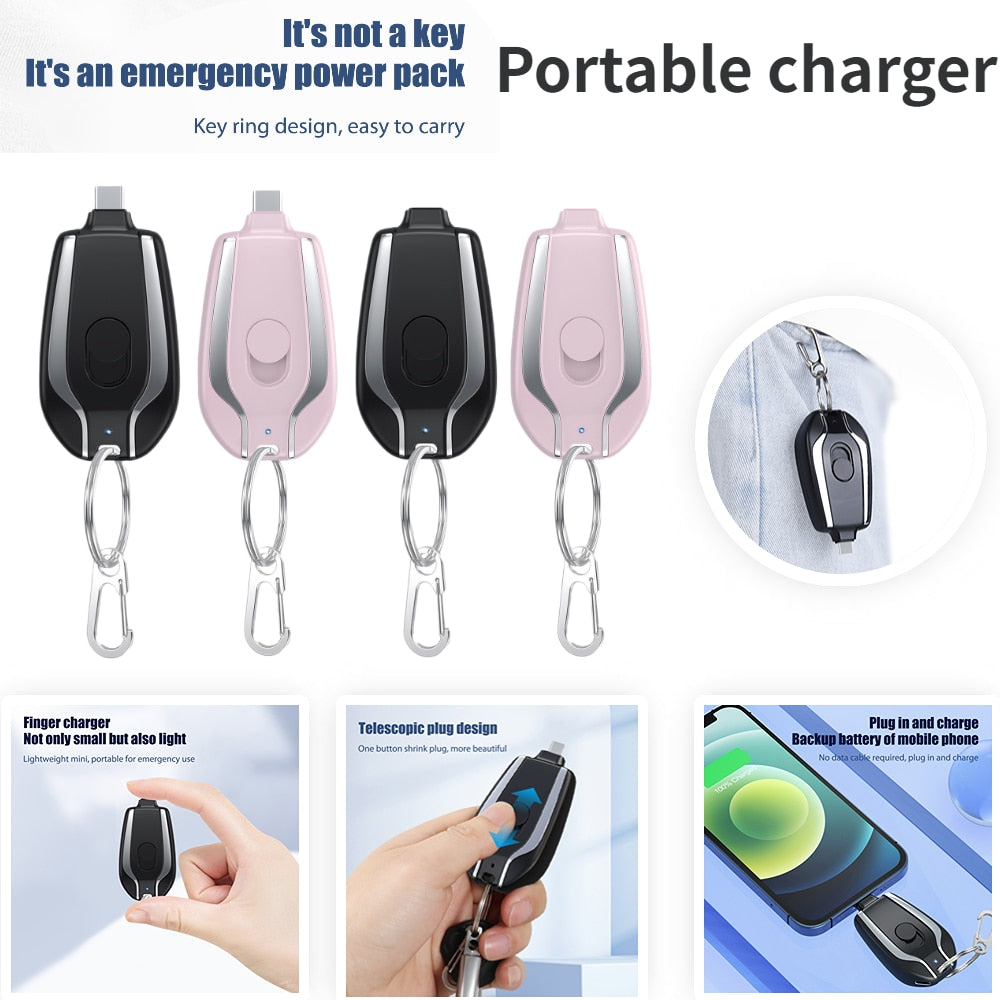 Keychain Power Bank 1500mAh Retractable Connector Waterproof & Shock-Resistant
