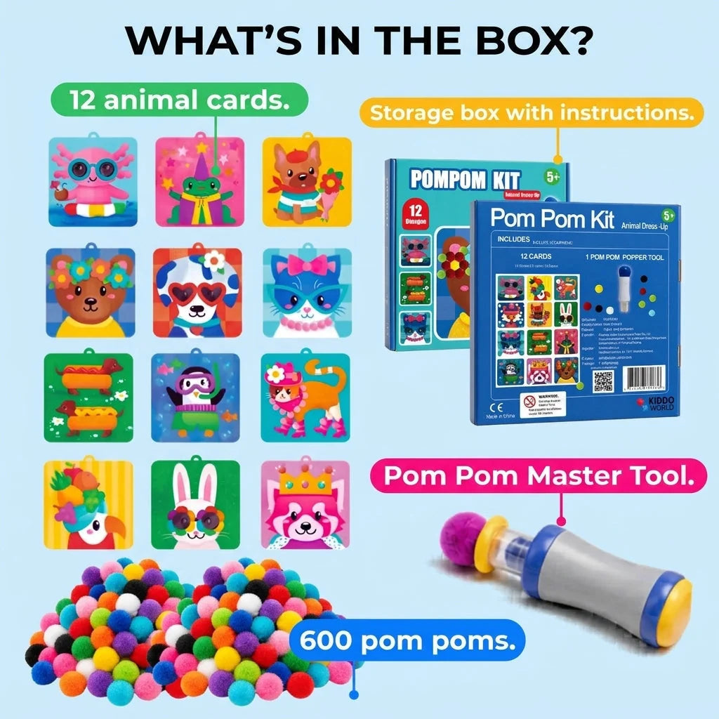 Kids Pom-Pom Kit 600 Multicolor Mess-Free