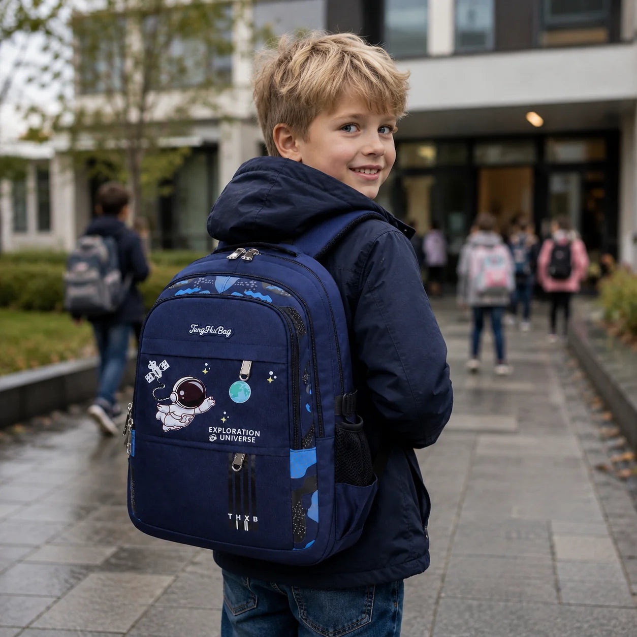 Kids School Backpack Astronaut Motif Water-Resistant & Padded Straps
