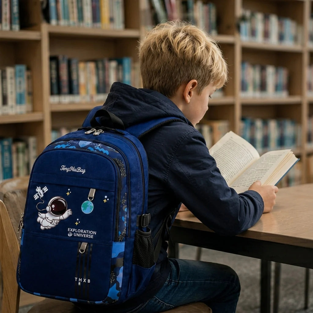 Kids School Backpack Astronaut Motif Water-Resistant & Padded Straps