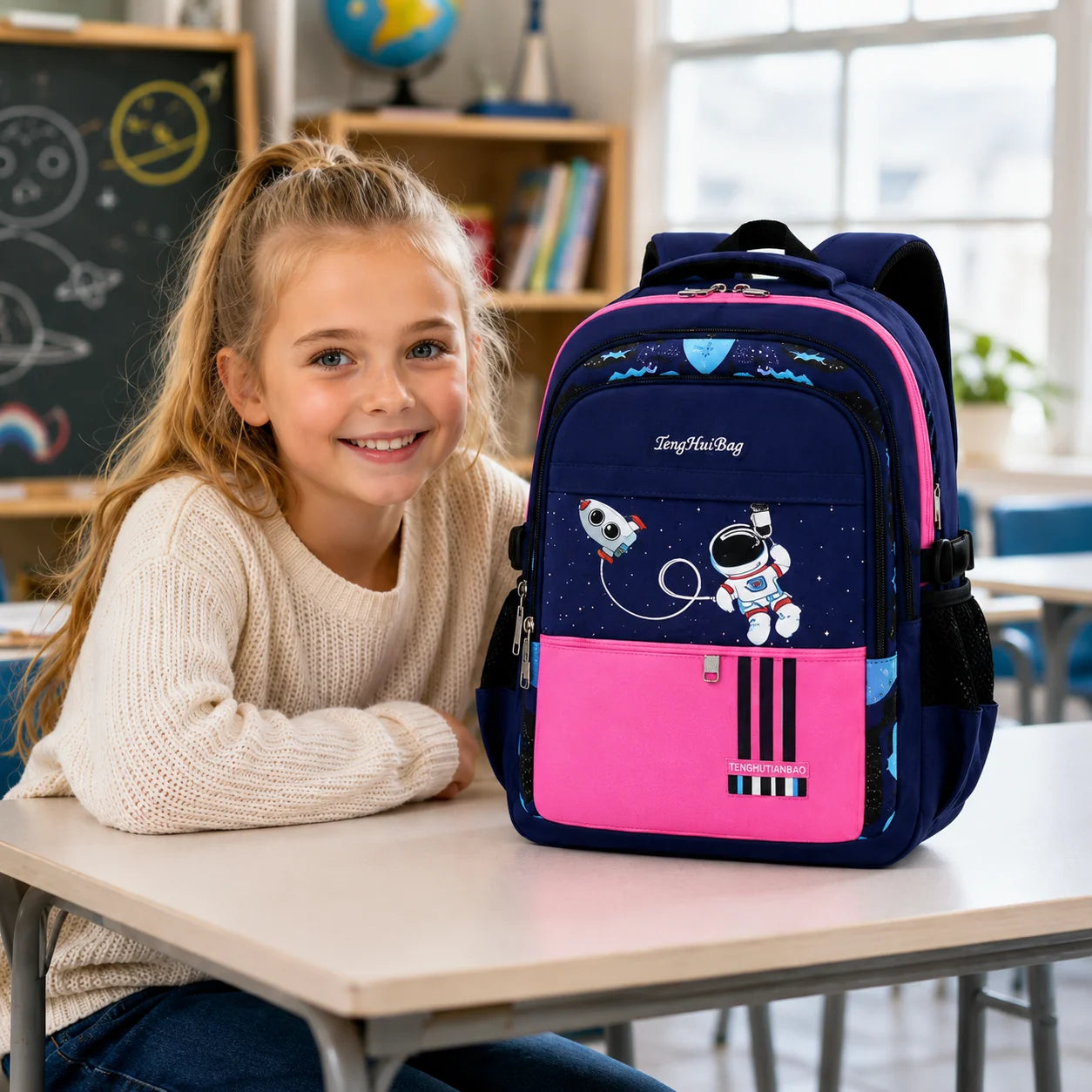 Kids School Backpack Astronaut Motif Water-Resistant & Padded Straps