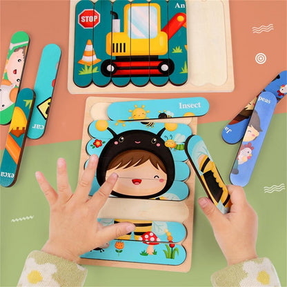 Kids Wooden Peg Puzzle Double-Sided Natural Wood