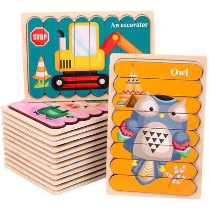 Kids Wooden Peg Puzzle Double-Sided Natural Wood