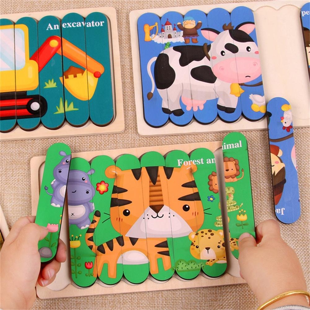 Kids Wooden Peg Puzzle Double-Sided Natural Wood