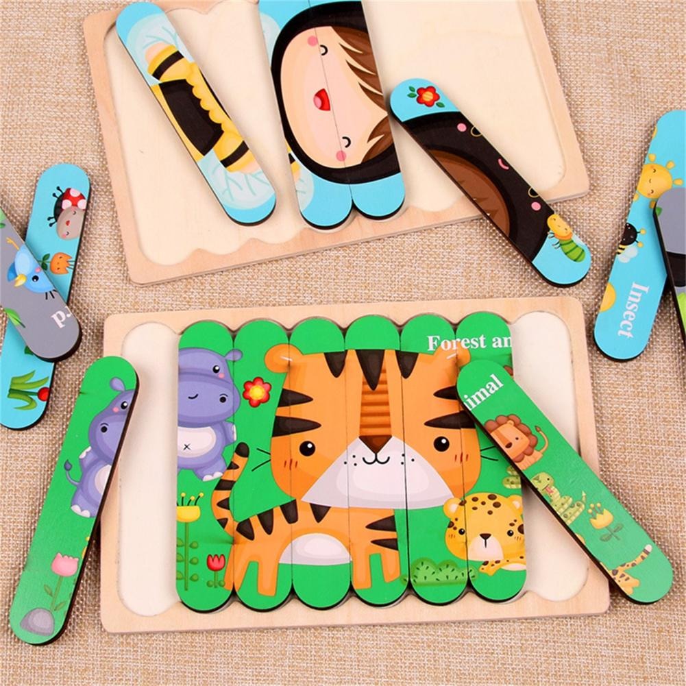 Kids Wooden Peg Puzzle Double-Sided Natural Wood