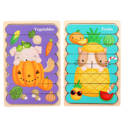 Kids Wooden Peg Puzzle Double-Sided Natural Wood