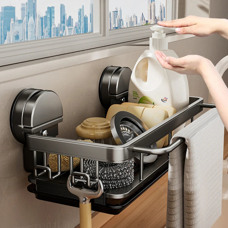 Kitchen Sink Shelf Suction Mount Open Grid Removable Tray