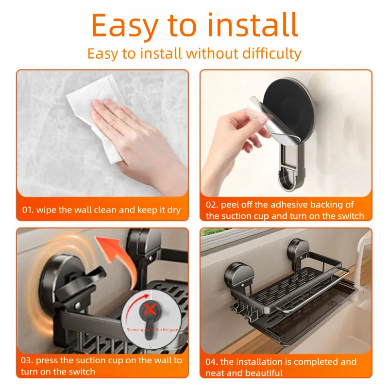 Kitchen Sink Shelf Suction Mount Open Grid Removable Tray