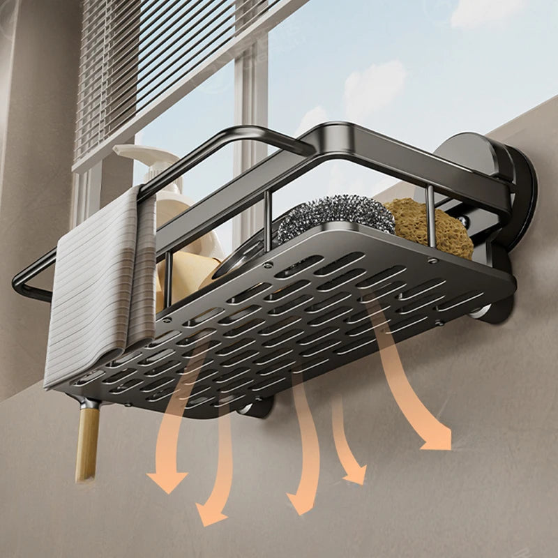 Kitchen Sink Shelf Suction Mount Open Grid Removable Tray
