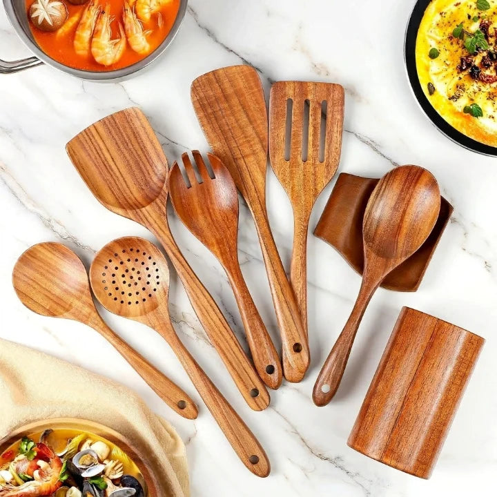 Kitchen Utensil Set Solid Teak Heat-Resistant 9-Piece