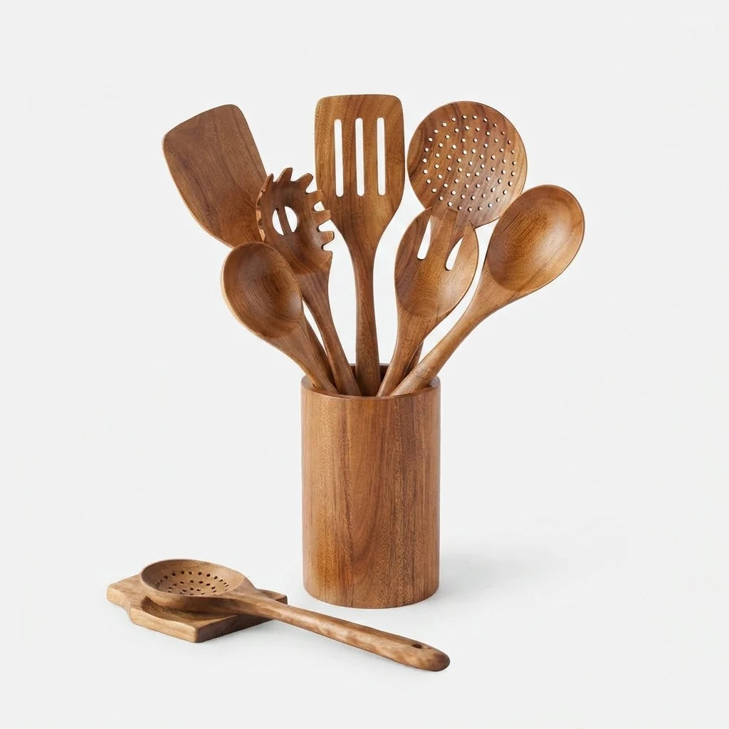 Kitchen Utensil Set Solid Teak Heat-Resistant 9-Piece