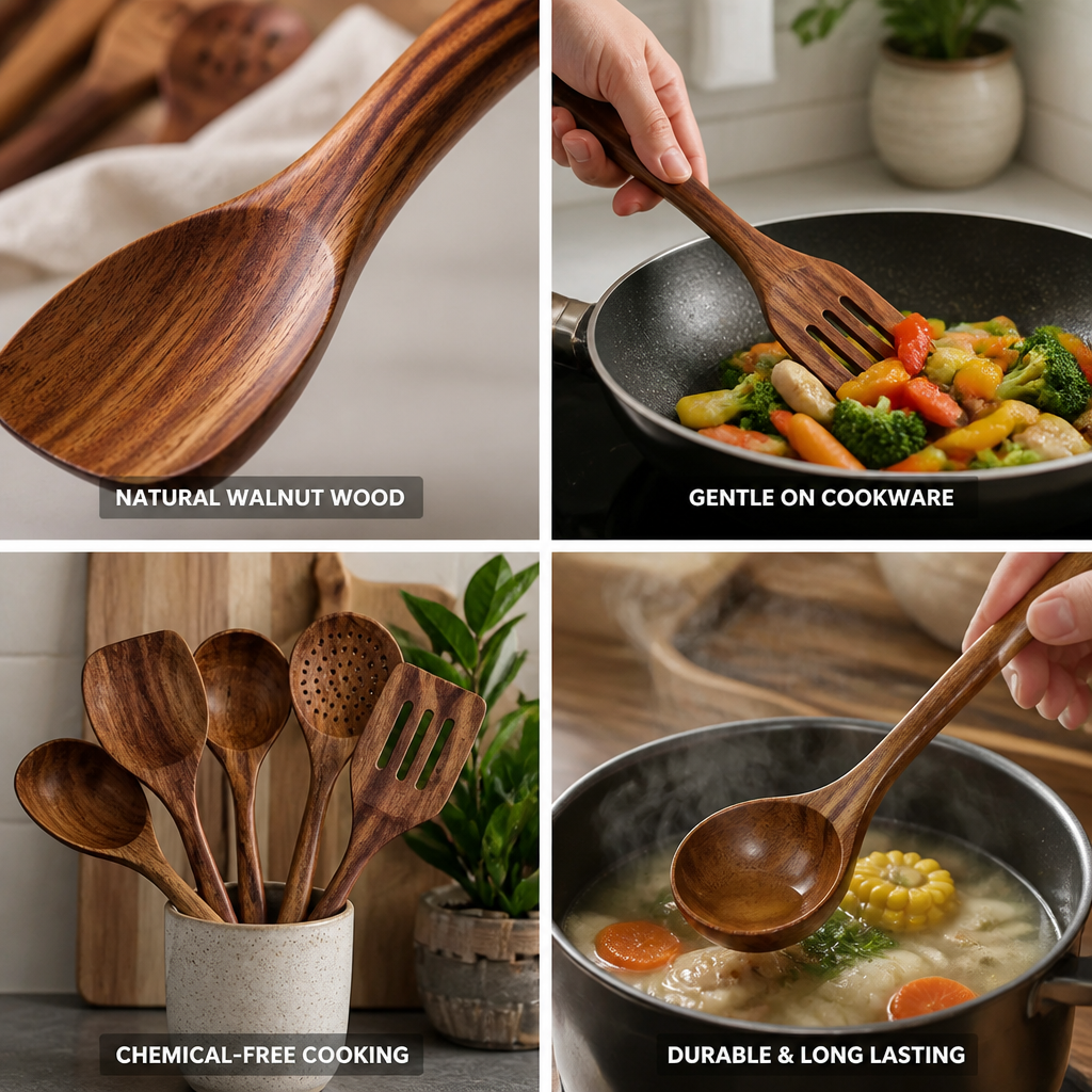Kitchen Utensil Set Walnut Wood 5-Piece Gentle On Cookware