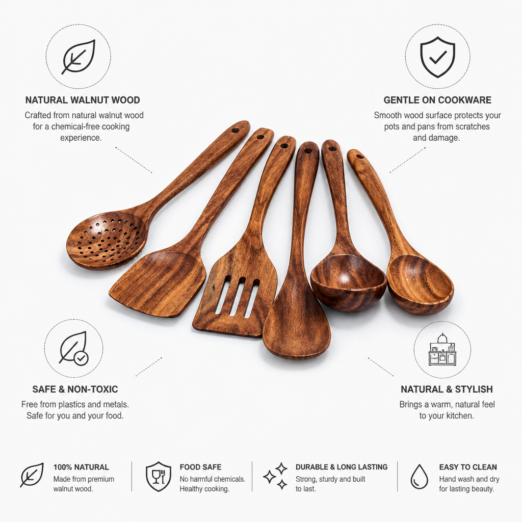 Kitchen Utensil Set Walnut Wood 5-Piece Gentle On Cookware