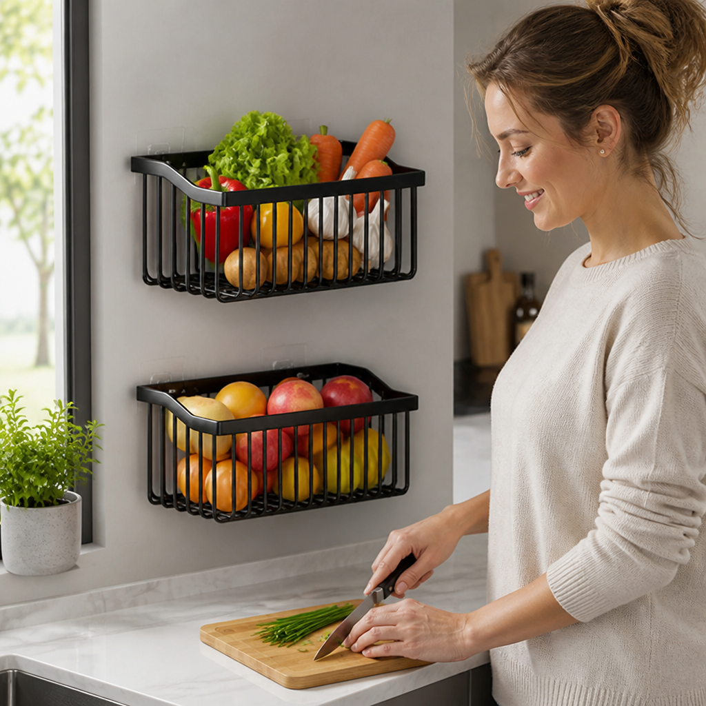 Kitchen Wall Basket Self-Adhesive Metal Ventilated