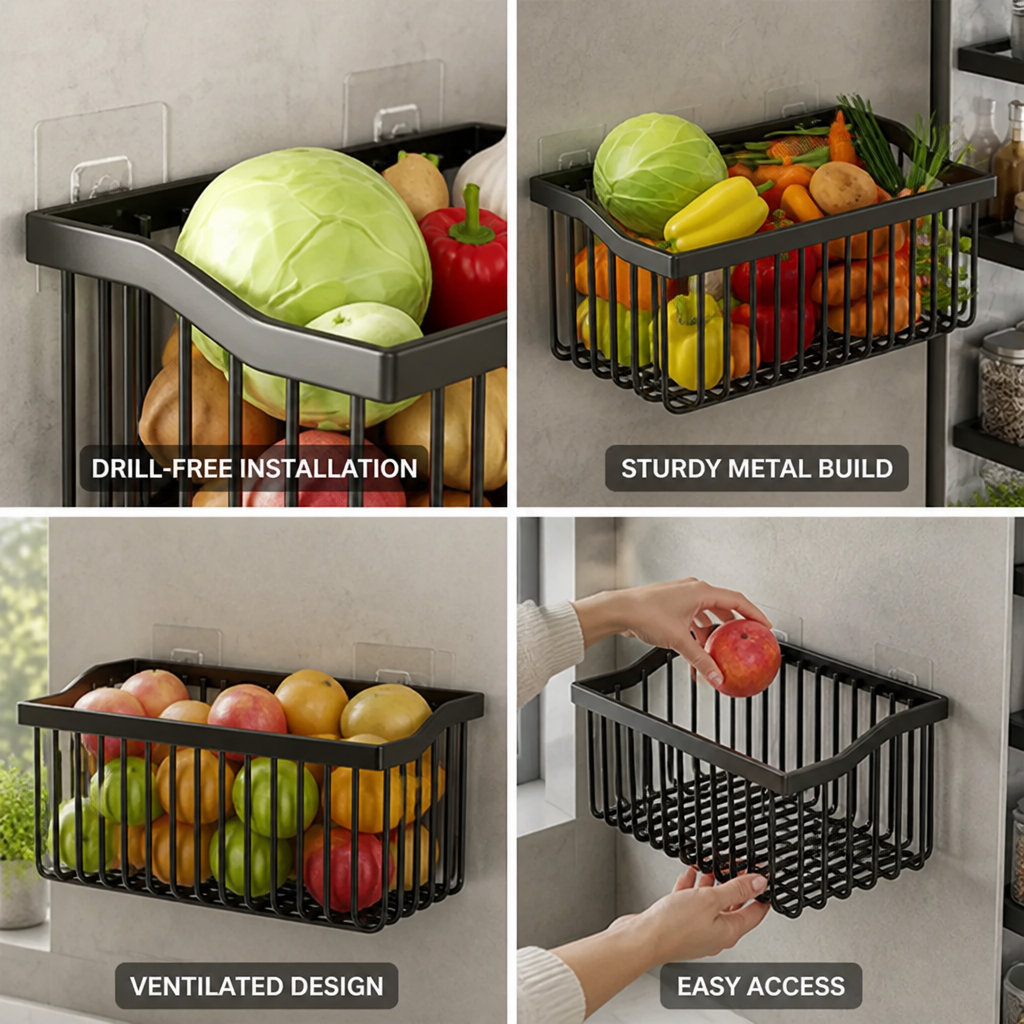 Kitchen Wall Basket Self-Adhesive Metal Ventilated