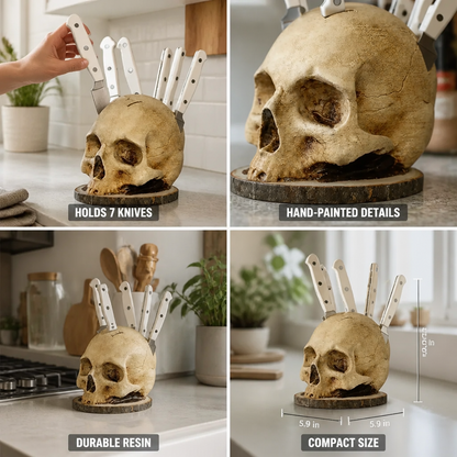 Knife Holder Skull Design Hand-Painted Holds Seven Knives