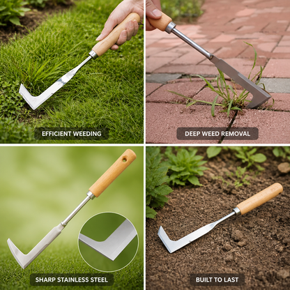 L-Shaped Stainless Steel Weeding Hoe with Wooden Handle