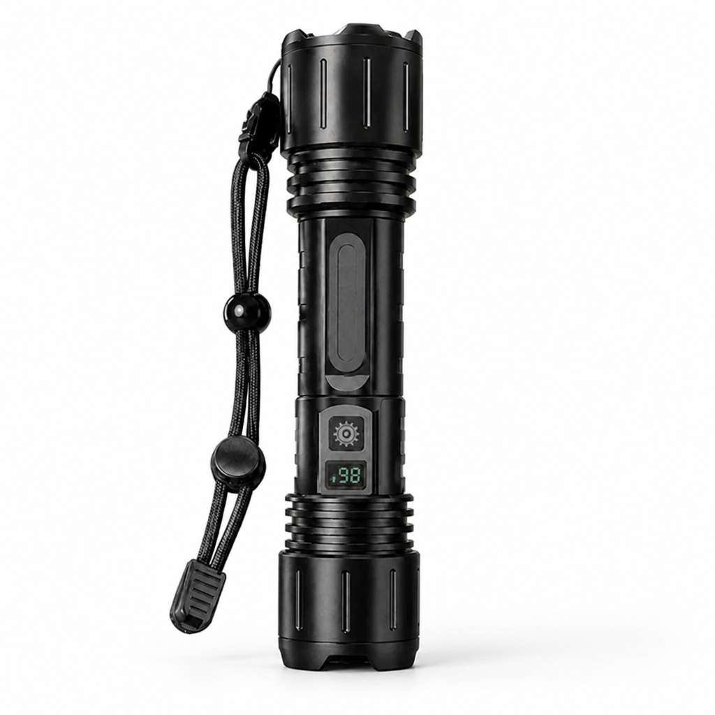 LED Flashlight Integrated Digital Display Aluminum Body Wrist Strap