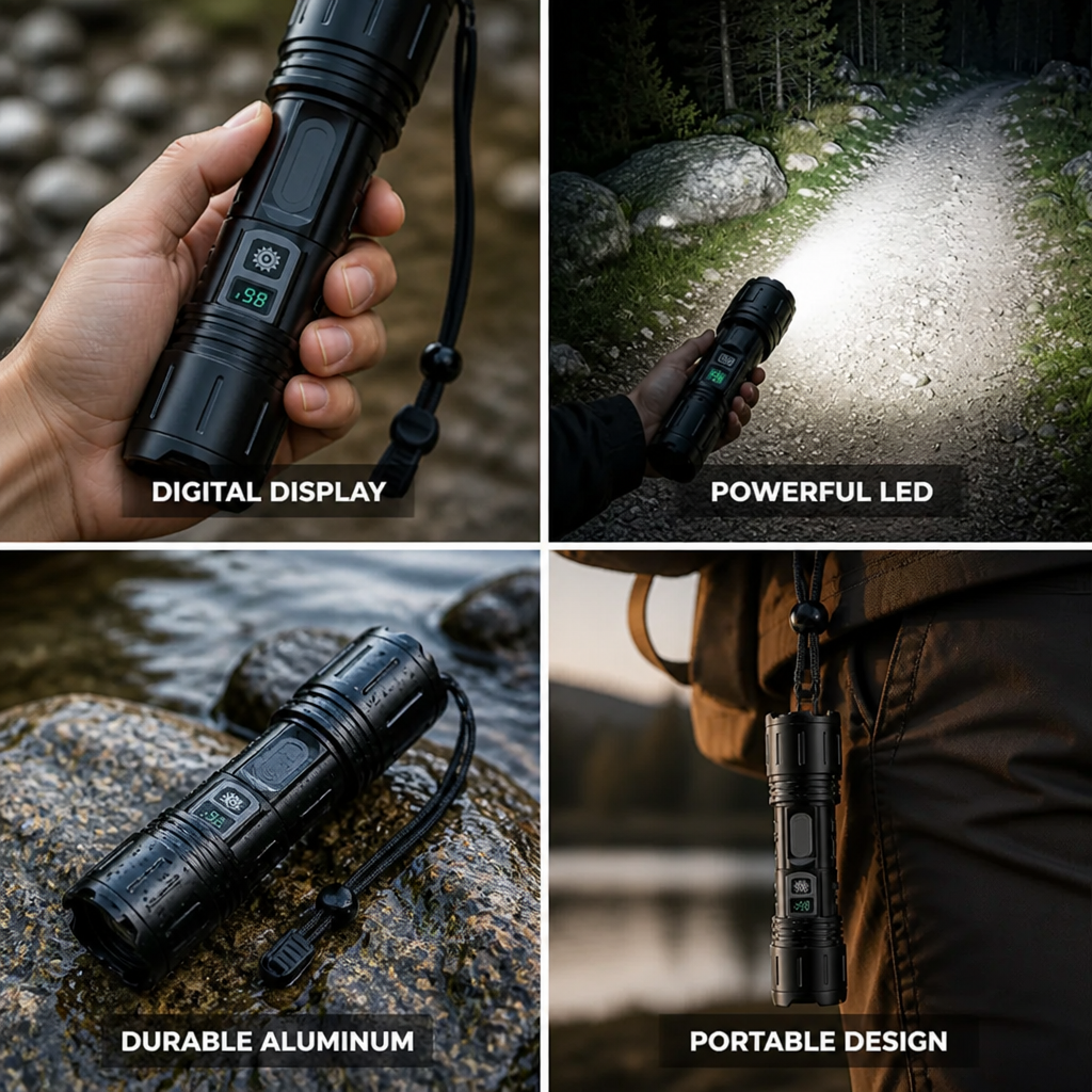 LED Flashlight Integrated Digital Display Aluminum Body Wrist Strap