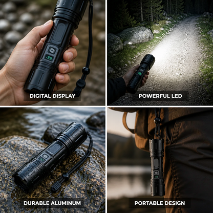 LED Flashlight Integrated Digital Display Aluminum Body Wrist Strap