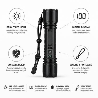 LED Flashlight Integrated Digital Display Aluminum Body Wrist Strap