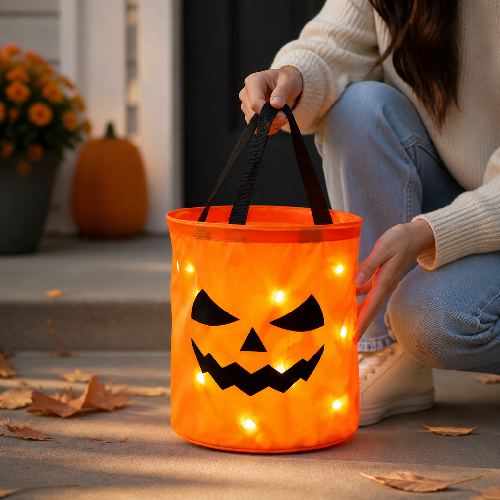 LED Glow & Collapsible Fabric Candy Bucket (Jack-O'-Lantern)