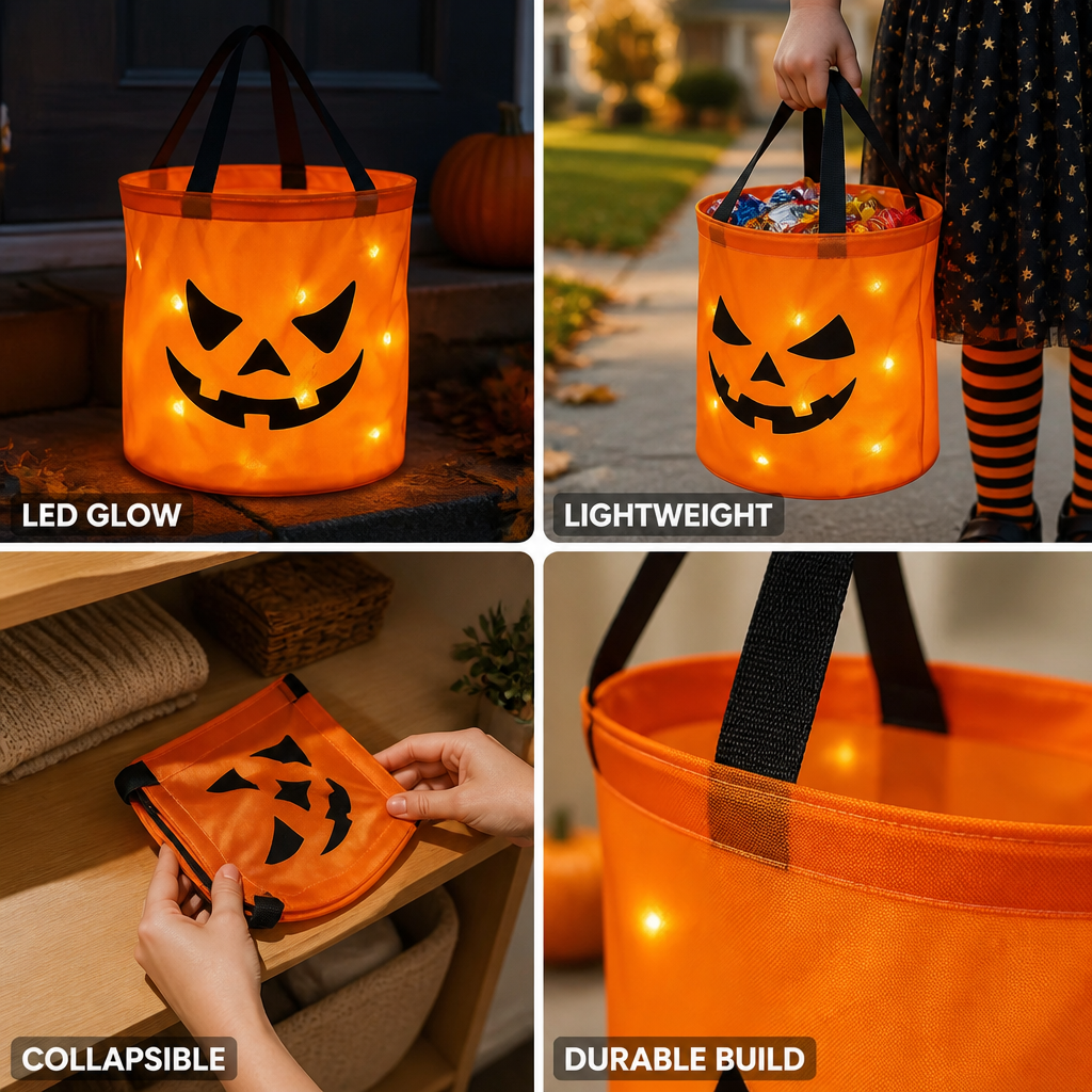 LED Glow & Collapsible Fabric Candy Bucket (Jack-O'-Lantern)