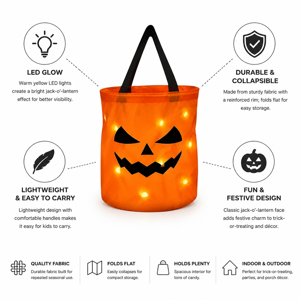 LED Glow & Collapsible Fabric Candy Bucket (Jack-O'-Lantern)