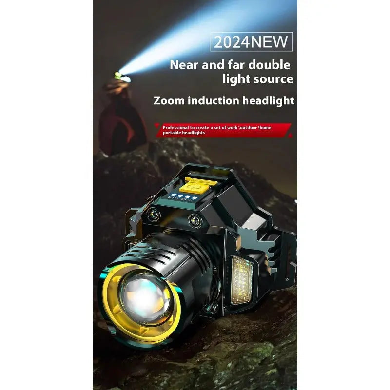 LED Headlamp Dual-Beam Zoom Contactless Wave Sensor USB-C Rechargeable