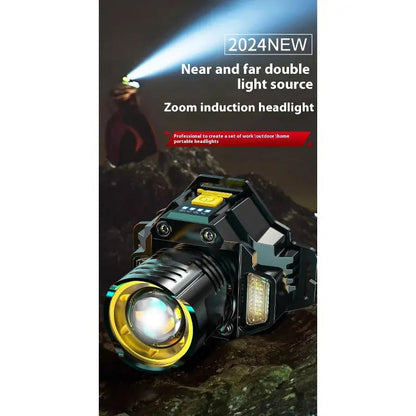 LED Headlamp Dual-Beam Zoom Contactless Wave Sensor USB-C Rechargeable