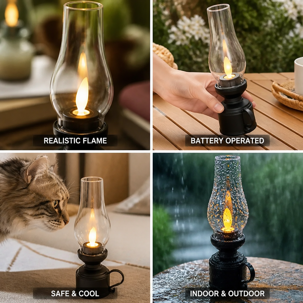 LED Lantern Realistic Flame Battery Operated Indoor & Outdoor