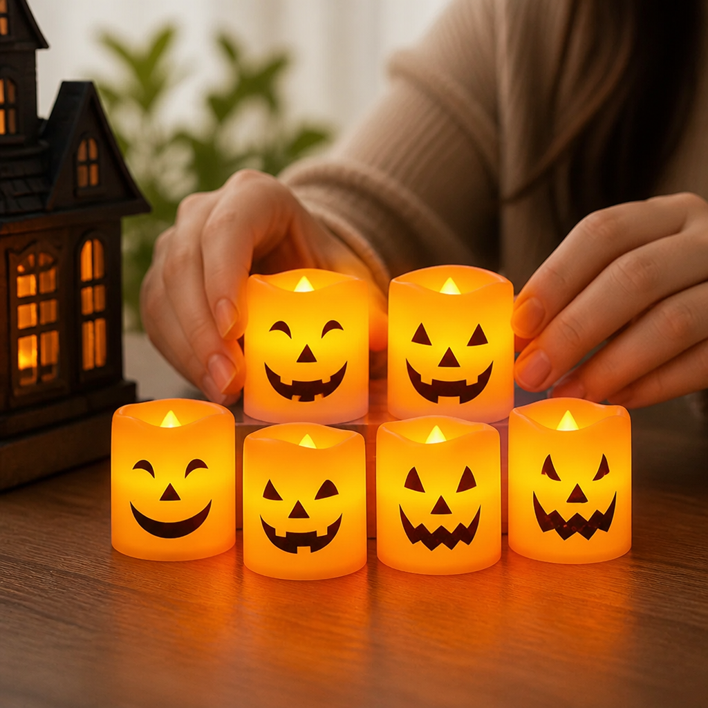 LED Pumpkin Candles Flameless Battery Operated Set of 6