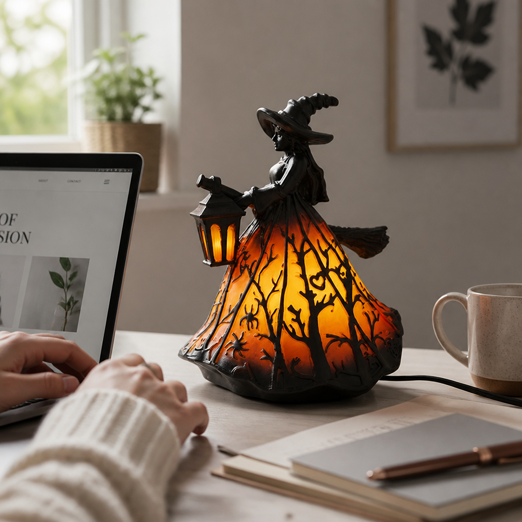 Lantern Witch Silhouette Amber LED USB Powered