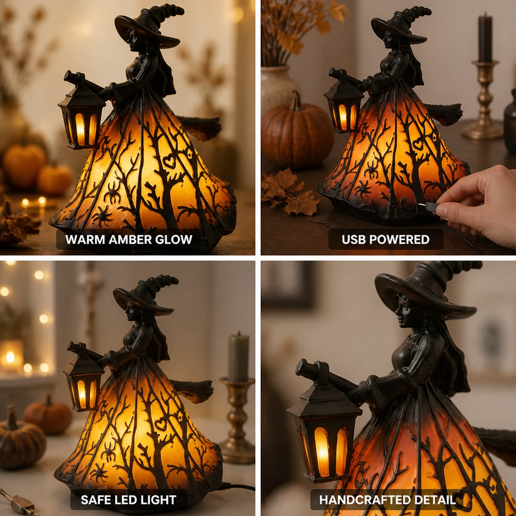 Lantern Witch Silhouette Amber LED USB Powered