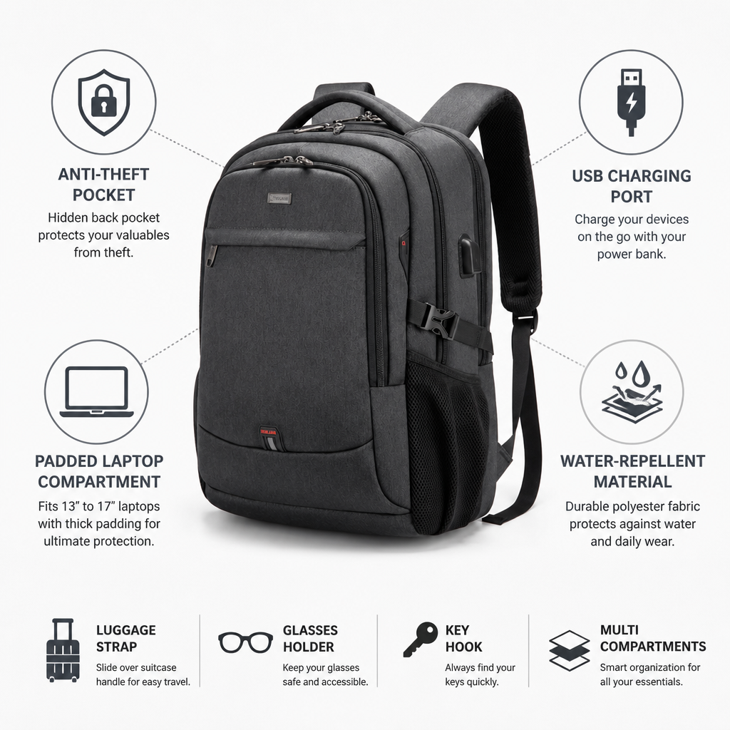 Laptop Backpack Hidden Anti-Theft Pocket USB Charging Padded Compartment