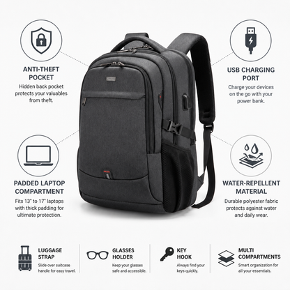 Laptop Backpack Hidden Anti-Theft Pocket USB Charging Padded Compartment