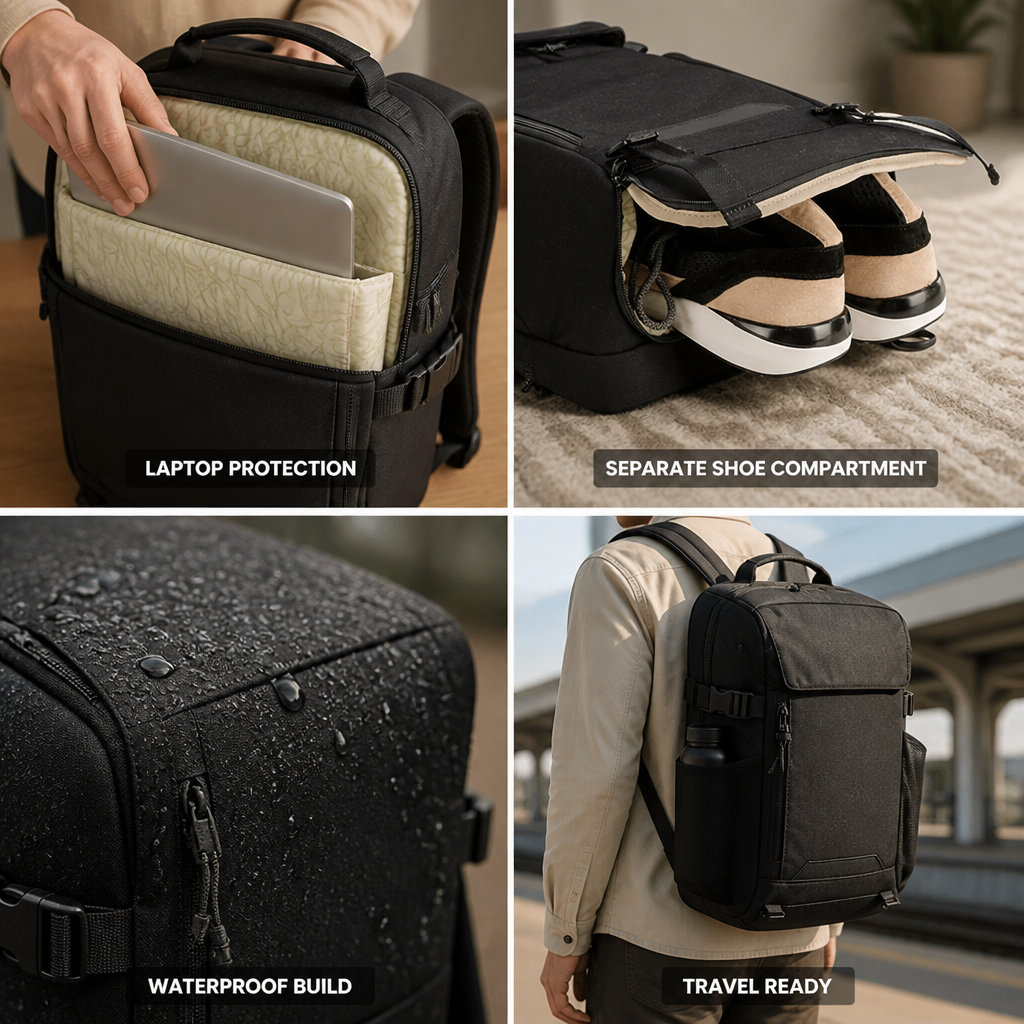 Laptop Travel Backpack Padded Sleeve & Shoe Pocket Waterproof