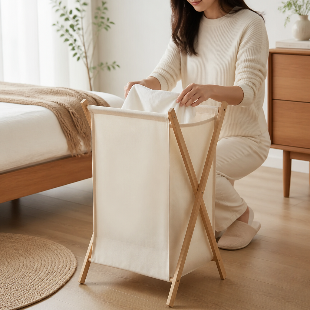 Laundry Basket Foldable Solid Wood Removable & Washable Liner