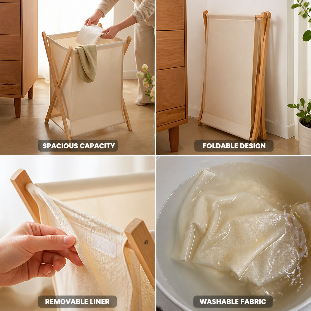 Laundry Basket Foldable Solid Wood Removable & Washable Liner