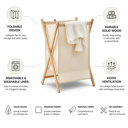 Laundry Basket Foldable Solid Wood Removable & Washable Liner