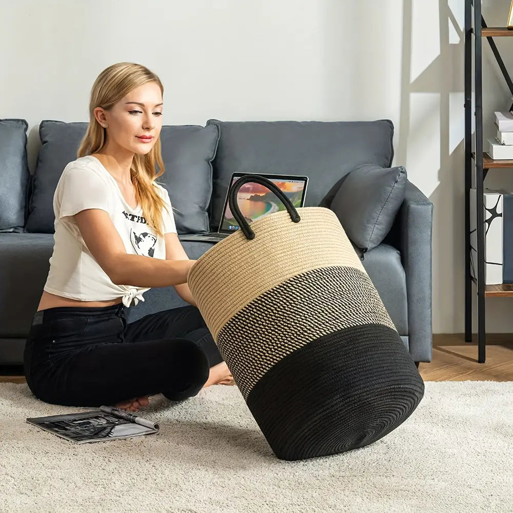 Laundry Basket Woven Cotton Foldable 58 L Capacity