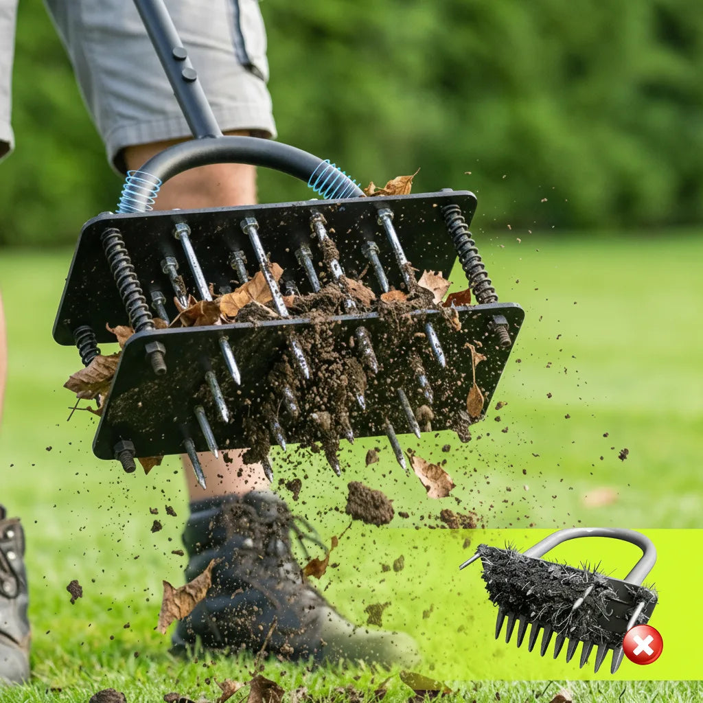 Lawn Aerator Height-Adjustable Handle Self-Cleaning 15 Tines